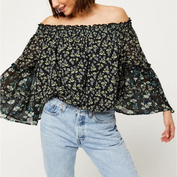 Free People Black Rose Valley Floral Off The Shoulder Cottagecore Peasant Blouse - Picture 3 of 14